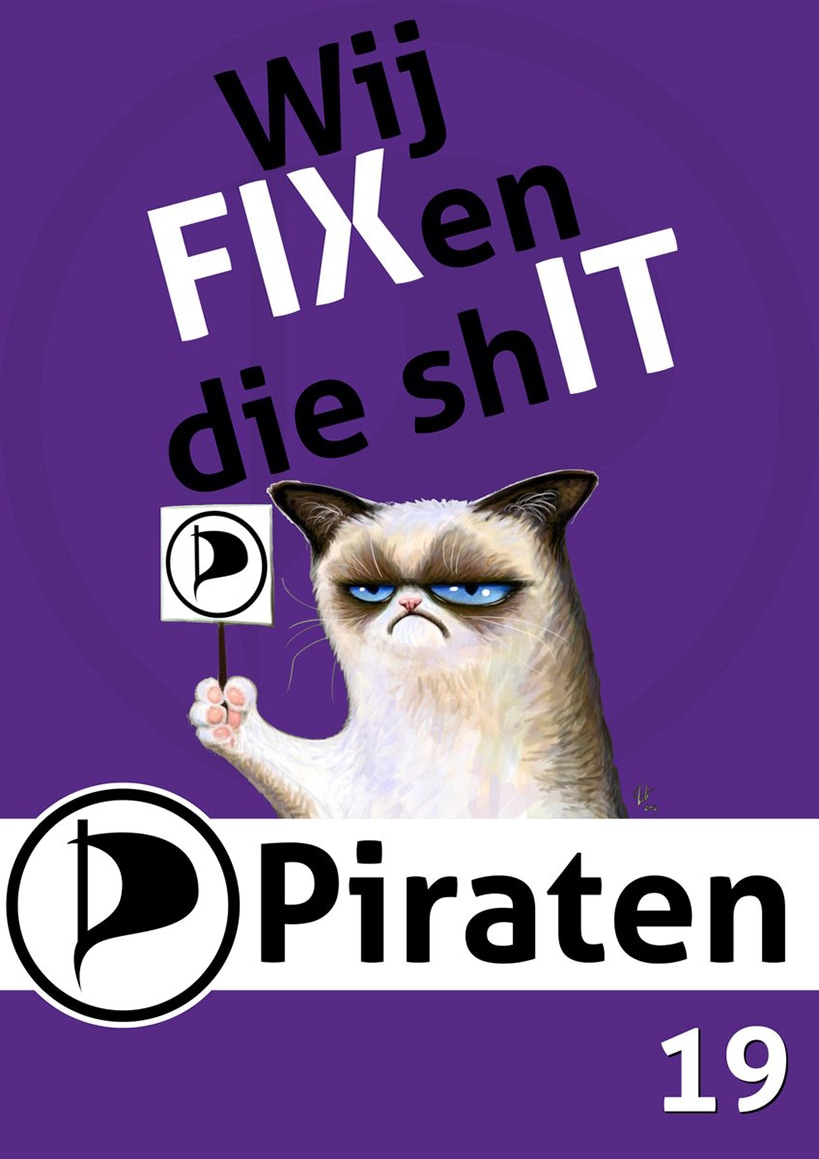 Verkiezingsposters: ‘Welke shit gaat de Piratenpartij fixen?’