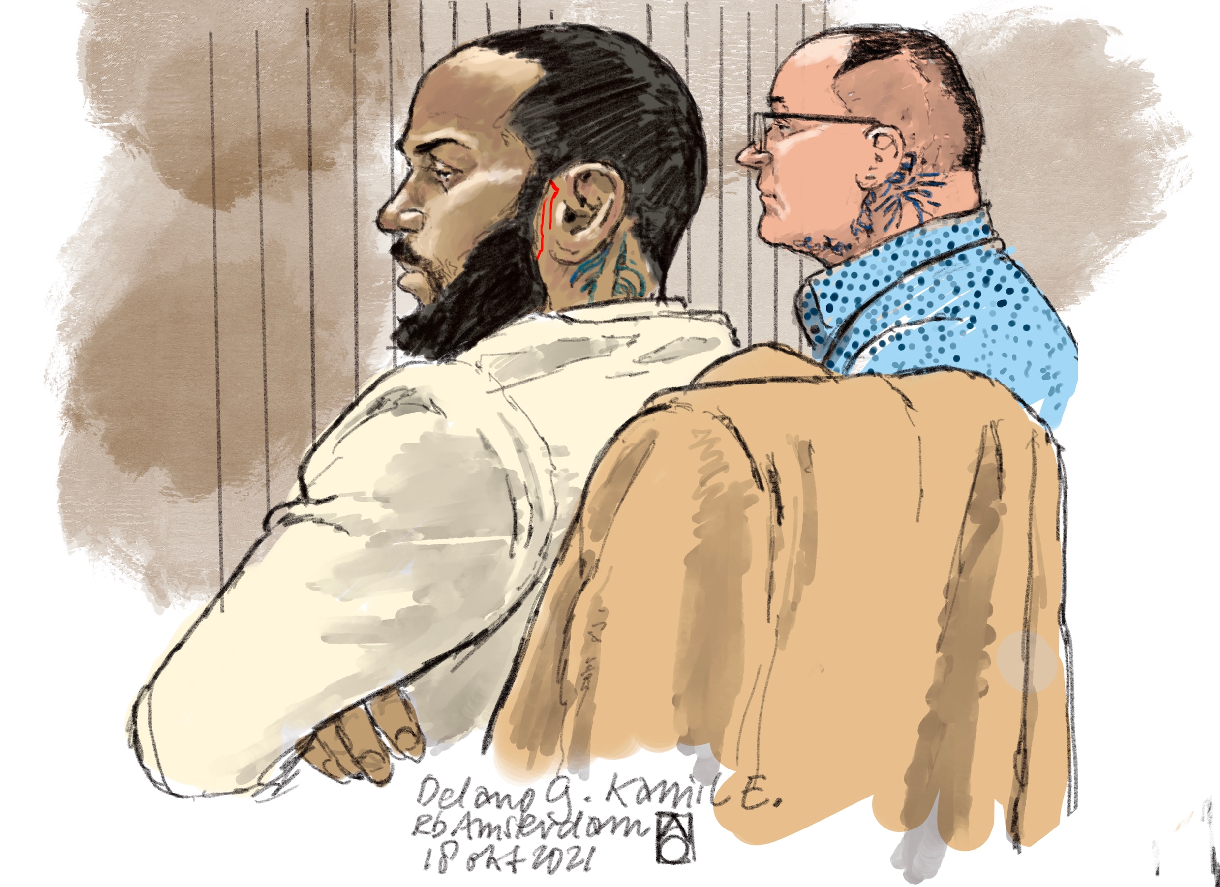 Rechtbanktekening van de 22-jarige Delano G. en de 35-jarige Poolse medeverdachte Kamil E. (R) in de rechtbank Amsterdam.