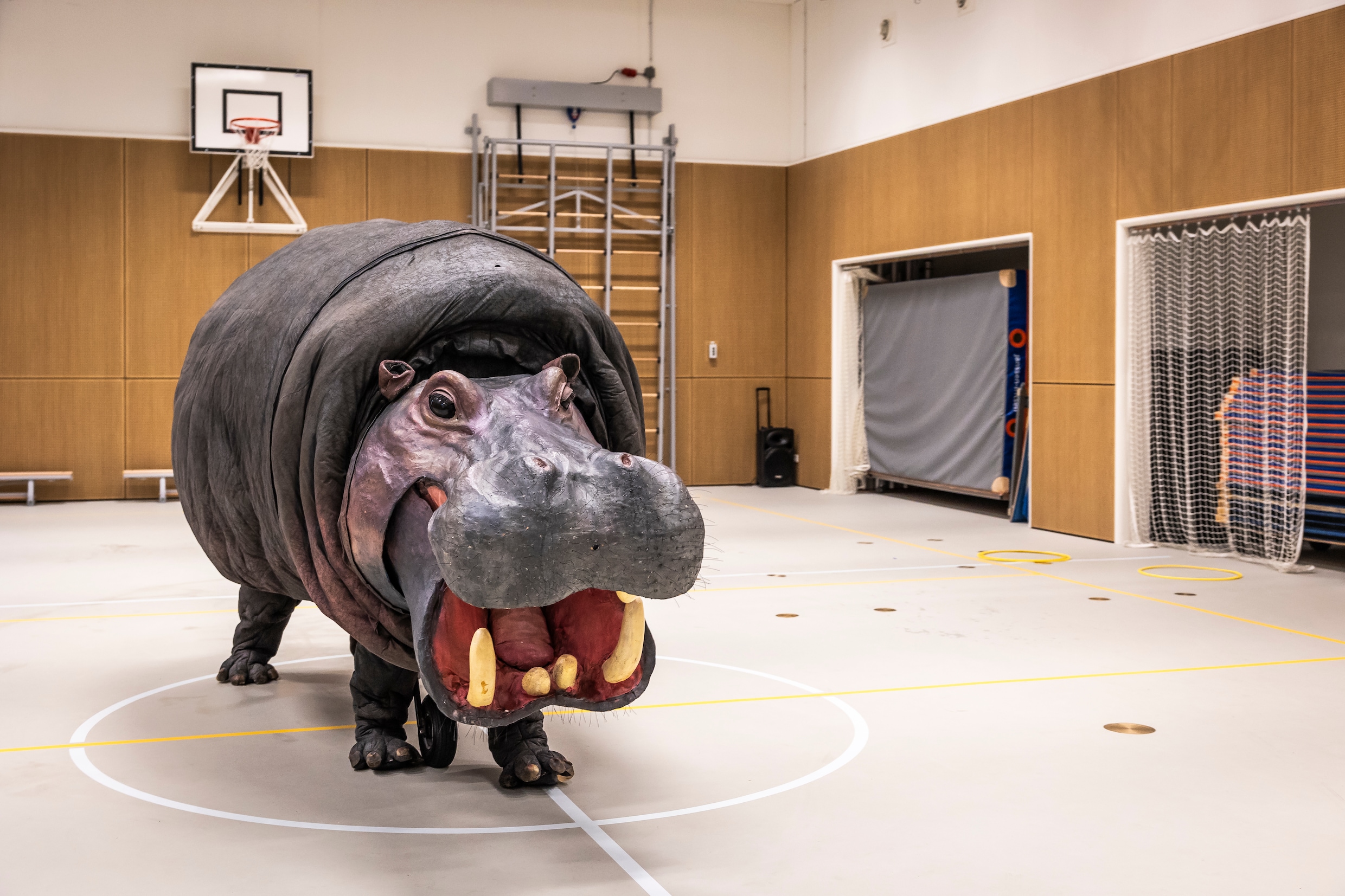 Hoe komt een jodelend nijlpaard op een festival? Teatro Pavana brengt met acteurs gigantische dieren tot leven met tranen, scheten en megafoons