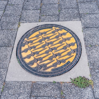 Manhole covers mark where bombs fell during World War II in Amsterdam-Noord